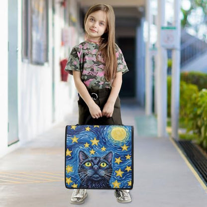 Starry Night Cat Zipper Binder with Shoulder Strap, 500 Sheets Capacity, Multiple Pockets 1.5Inch 3 Ring Zipper Binder - color: Starry Night Cat