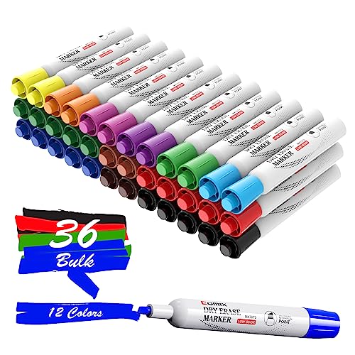 Comix Dry Erase Markers, Chisel Tip Whiteboard Markers, 36 Bulk 12 Assorted Color Low Odor Markers for Classroom, Teachers, Office, School Supplies - color: 36 Count 12 Assorted Colors