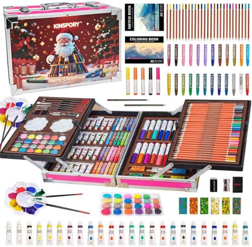 KINSPORY Art Supplies, 139 Pack Painting Drawing Art Kit with 2 Sketch Pads, Deluxe Double Layers Art Set Crafts, Colored Pencils, Oil Pastels, Watercolor Paints, Colored Markers for Kids (Red) - color: Red