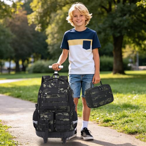 DIGOBAY Camo Rolling Backpack for Boys, 3PCS Tactical Kids Rolling Backpack Set with Lunch Bag & Pencil Case, Boys Wheeled School Bookbag for Elementary, Middle, High School - color: Camouflage Black/Gray