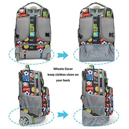Tilami Rolling Backpack 18 inch Wheeled Laptop Backpack School College Student Travel Trip Boys and Girls, Sport Balls - color: Sport Balls Black
