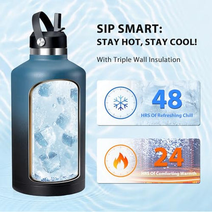 One Gallon Insulated Water Bottle, Triple Wall Vacuum 128 oz Stainless Steel Water Bottles (Cold for 48 Hrs), Leak Proof, Non-BPA, Large Water Flask Jug with Straw Lid & Spout Lid - color: Deep Blue& Black-Y, size: 128 Ounces