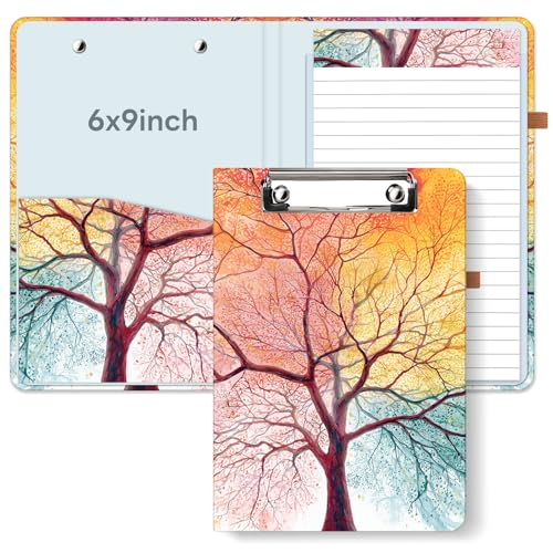 A5 Clipboard Folio with No-Spiral Design, 6x9 in Refillable Notepad Portfolio, 12 Cute Cat & Marble Floral Designs Travel-Friendly for Work, School, Colorful Tree - color: Colorful Tree