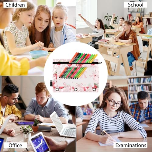 Binder Pencil Pouch for 3 Ring Binder Pencil Case Bags Strawberry Bows Cute with Zipper Girls Clear Window 2 Pack - color: Strawberry Bows Cute