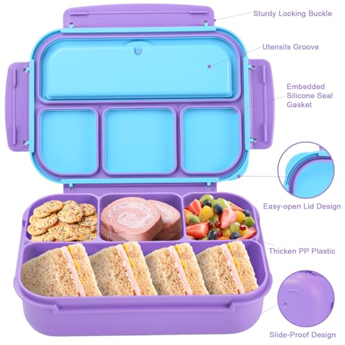 shell and turtle Bento Box for Kids Girls Boys, Bento Box Adult Lunch Box with 4 Compartments, Lunch Containers with Utensils, Sauce Jar, Muffin Liners for School, 40 Oz/5 Cup, Purple - color: Purple