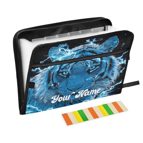 Custom Name Blue Lighting Tiger Accordion File Organizer Personalized Text Expanding Document Folder with 13 Pockets Portable File Folder for A4 Letter Size - color: Blue Lighting Tiger, size: Custom