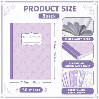 8 Pack Purple Bow Composition Notebooks Bulk Purple Notebook College Ruled Journal 100 Pages Cute Aesthetic Bow Composition Books Back to School Gift for Student Teacher Office Supplies 9.7x7.5 Inch - color: Purple Bow