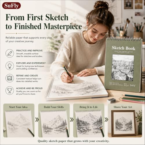 SuFly Sketch Book 9x12, Drawing Paper Pad-68lb/100gsm, Top Spiral Sketchbook Hardcover, 100 Sheets Sketch Pad for Kids Classroom Art Supplies for Adults-Sketchpad for Drawing, Illustration & Art Stuff
