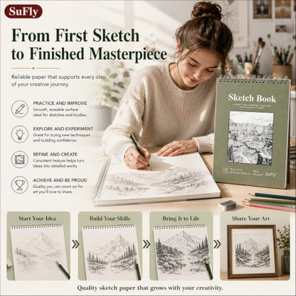 SuFly Sketch Book 9x12, Drawing Paper Pad-68lb/100gsm, Top Spiral Sketchbook Hardcover, 100 Sheets Sketch Pad for Kids Classroom Art Supplies for Adults-Sketchpad for Drawing, Illustration & Art Stuff