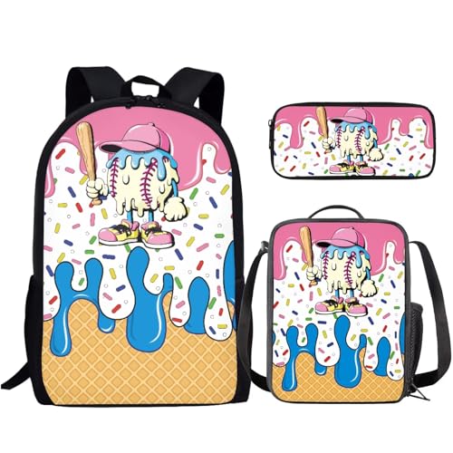 Cartoon Baseball Kids Backpack Set 3Pcs with Lunch Box Pencil Case Kids Backpack for Boys Portable Lunch Bag for Elementary Primary Middle School Bookbag - color: Cartoon Baseball