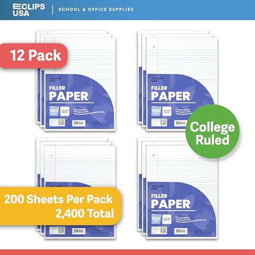 Loose Leaf Paper College Ruled Notebook Paper College Ruled Lined Writing Filler Paper 10.5” x 8” 2400 Sheets 200 Sheets Per Pack 60 gsm (12 Pack) - size: 12 Pack