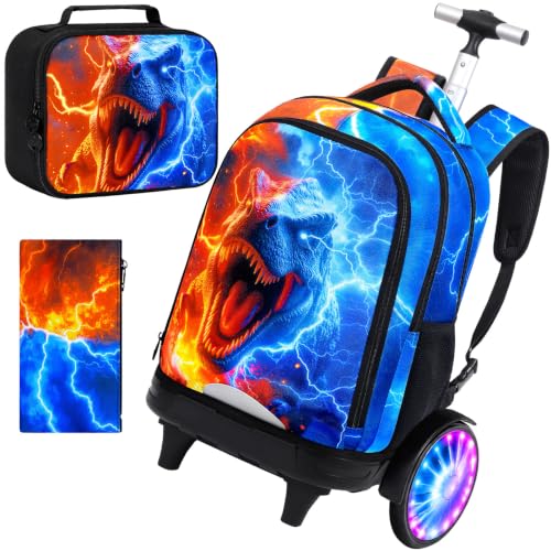 AGSDON Quiet Rolling Backpack with Lunch Box Set – Large Luminous Wheel Water‑Resistant Wheeled Bag for School, Outings, and Travel | Fire-Lightning Dinosaur 3‑Piece Organizer Backpack - color: Large Luminous Wheel Rolling Fire-lightning Dino