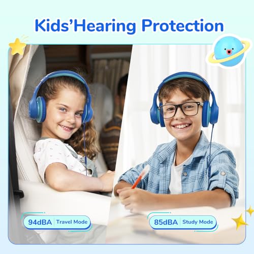EarFun K3 Kids Headphones, Over Ear Headphones with Microphones, 85/94dB Safe Volume Limit, HD Stereo Sound, 3.5mm Jack, Foldable Wired Headphones for School/Travel/Boys/Girls/Tablet/iPad, Blue - color: Blue