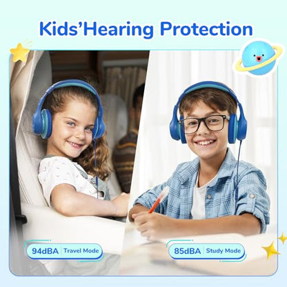 EarFun K3 Kids Headphones, Over Ear Headphones with Microphones, 85/94dB Safe Volume Limit, HD Stereo Sound, 3.5mm Jack, Foldable Wired Headphones for School/Travel/Boys/Girls/Tablet/iPad, Blue - color: Blue