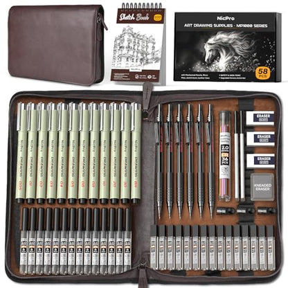 Nicpro 58PCS Art Drawing Supplies Kit in Leather Case, MP1000 Black Metal Mechanical Pencil Set with Drafting Pencil 0.5, 0.7, 0.9 & 2mm, 12 Micron Pen, Sketch Book, 30 Tube Lead Refills for Sketching