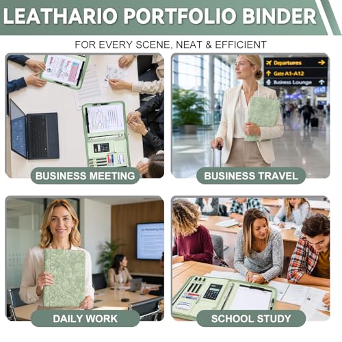 Leathario Portfolio Binder, Includes 5 Sheet Protectors and a Pen, 13 Inch Tablets Organizer, Vegan Leather A4 Padfolio, Multi-Pocket Notepad Business Planner Professional Document - color: Relief Green