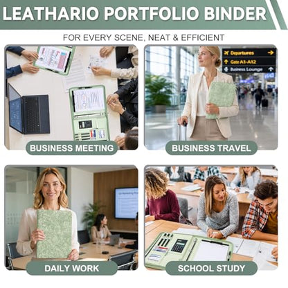 Leathario Portfolio Binder, Includes 5 Sheet Protectors and a Pen, 13 Inch Tablets Organizer, Vegan Leather A4 Padfolio, Multi-Pocket Notepad Business Planner Professional Document - color: Relief Green