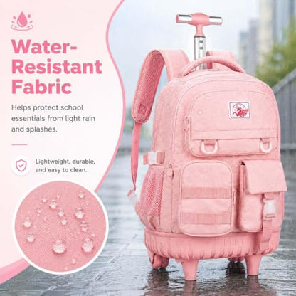 WZLVO Rolling Backpack for Girls Women, 21 inch Water Resistant Roller Wheels Backpacks, Wheeled Bookbag with Lunch Bag for Teen Elementary School Travel - Pink - color: Pink