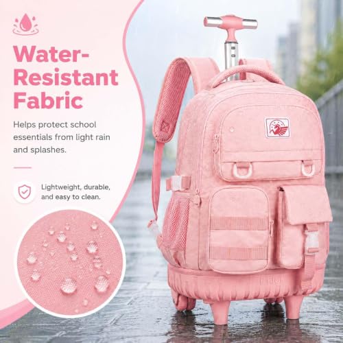 WZLVO Rolling Backpack for Girls Women, 21 inch Water Resistant Roller Wheels Backpacks, Wheeled Bookbag with Lunch Bag for Teen Elementary School Travel - Pink - color: Pink