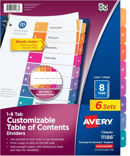 Avery 8 Tab Dividers for 3 Ring Binders, Customizable Table of Contents, Multicolor Tabs, 6 Sets (11186) (Pack of 10) - size: 8 tabs (Pack of 10)