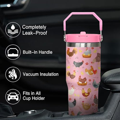Queen Hero 30 oz Chicken Tumbler with Handle, Large Insulated Tumbler with Flip & Straw Coffee Mug Cup Stainless Steel Gifts for Women Men Youth - color: Rose Pink
