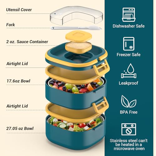 PEDECO Double-Layer Bento Lunch Box for Kids & Adults with Removable Stainless Steel Dividers,Dressing Container,BPA-Free,Dishwasher Safe - Includes Utensil,(Blue,Non-Insulated) - color: Blue, size: Stainless Steel Double Layers