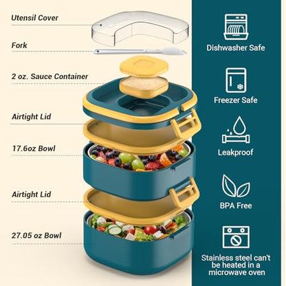PEDECO Double-Layer Bento Lunch Box for Kids & Adults with Removable Stainless Steel Dividers,Dressing Container,BPA-Free,Dishwasher Safe - Includes Utensil,(Blue,Non-Insulated) - color: Blue, size: Stainless Steel Double Layers