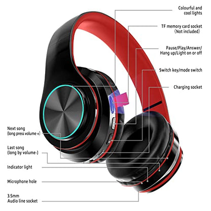 2022 Wireless Bluetooth Headphones,Colorful LED Lights Comfort Over Ear Foldable Headset with Built-in Microphone,FM,SD Card Slot,Wired for School/Tablet Computer/PC/TV/Cellphones/Travel - color: Red
