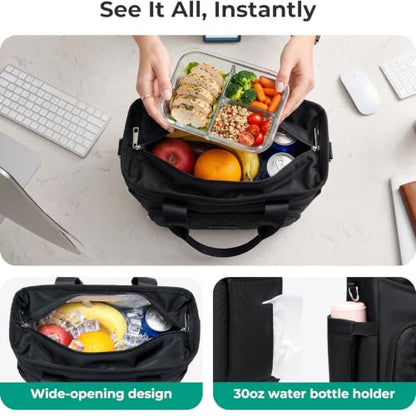 AIJIEKE Large Insulated Lunch Bag for Women Men, Work Lunch Box Tote, Black | Leakproof, durable multi-compartment cooler. Reusable with shoulder strap. Perfect for travel meal prep, picnic, beach - color: Black