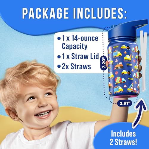 Klevly Stainless Steel 14 OZ Kids Water Bottle with Straw | BPA-Free Insulated Water Bottle with Leak-Proof Lid | Construction Design Bottle for School - color: Construction