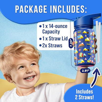 Klevly Stainless Steel 14 OZ Kids Water Bottle with Straw | BPA-Free Insulated Water Bottle with Leak-Proof Lid | Construction Design Bottle for School - color: Construction