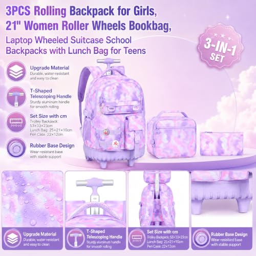 WZLVO 3PCS Backpack with Wheels, Water Resistance Girls Rolling Bookbag, Women Aesthetic Roller School Bag Set with Lunch Box & Pencil Bag for Teens & Kids - Purple Tie Dye Cloud - color: 3pcs Girls Rolling Backpack - Purple Tie Dye Cloud