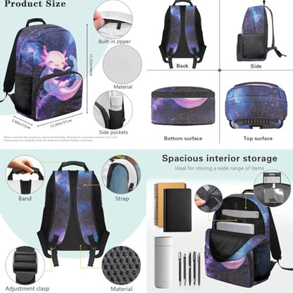 Axolotl Backpack Set, 4 PCS School Backpack with Lunch Box, Pencil Case and Water Bottle Bag, for Elementary Ages 9-12 Boys and Girls Daily Use - color: Reading Axolotl Print