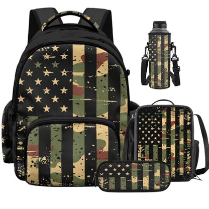 American Flag Backpack for Boys Camo Backpack and Lunch Box for School with Water Bottle Holder Large Pencil Case 4PCS Set Bookbag with Front Pocket As Back to School Birthdays Gifts - color: American Flag Camo