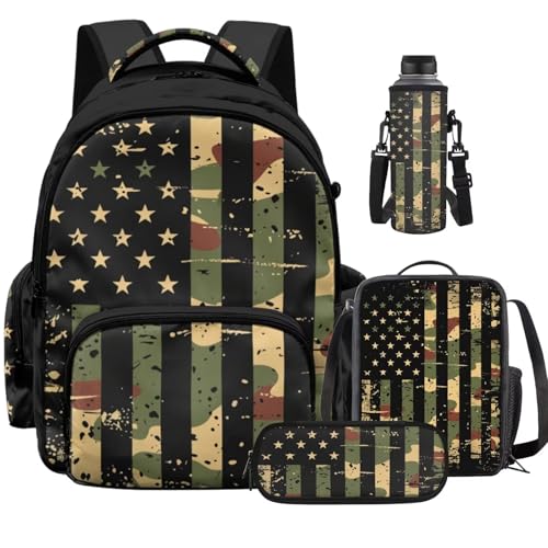 American Flag Backpack for Boys Camo Backpack and Lunch Box for School with Water Bottle Holder Large Pencil Case 4PCS Set Bookbag with Front Pocket As Back to School Birthdays Gifts - color: American Flag Camo