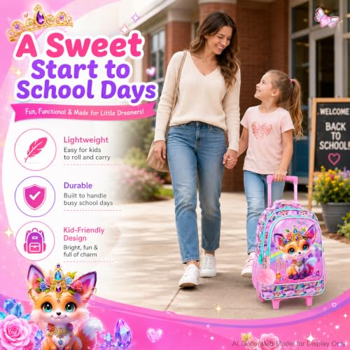 3Pcs Rolling Backpack for Girls, Kids Roller School Backpack with Wheels, Fox Wheeled Bookbag for Elementary Preschool Kindergarten(Pink) - color: Fox Yellow