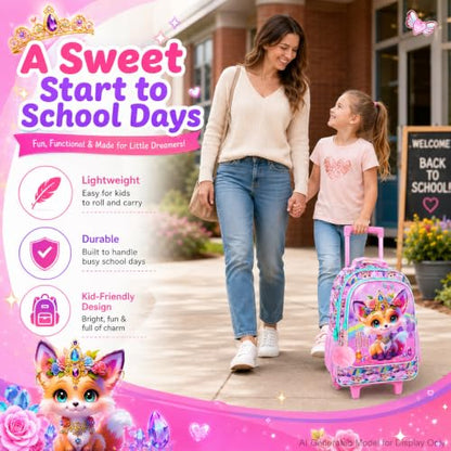 3Pcs Rolling Backpack for Girls, Kids Roller School Backpack with Wheels, Fox Wheeled Bookbag for Elementary Preschool Kindergarten(Pink) - color: Fox Yellow
