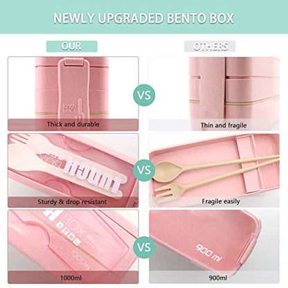 Bento Box Japanese Lunch Box Kit Leakproof Bento Lunch Box for Kids Adults Wheat Straw 3 Layer Stackable Lunch Containers with Compartment Eco-Friendly Meal Prep Containers (Pink) - color: Pink, size: 5Pcs