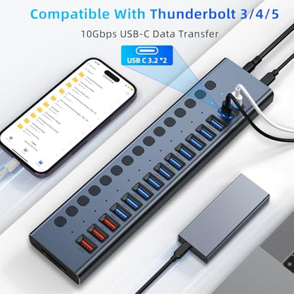 VANGREE Powered USB Hub 10Gbps, 17 Ports USB 3.2 Hub, 96W Power Adapter | 10 USB-A 3.2, 3 QC 24W Fast Charging, 2 USB-C 3.2, SD/TF, 12V/8A Power Adapter for Laptop, PC, Computer, HDD, Flash Drive - color: Gray