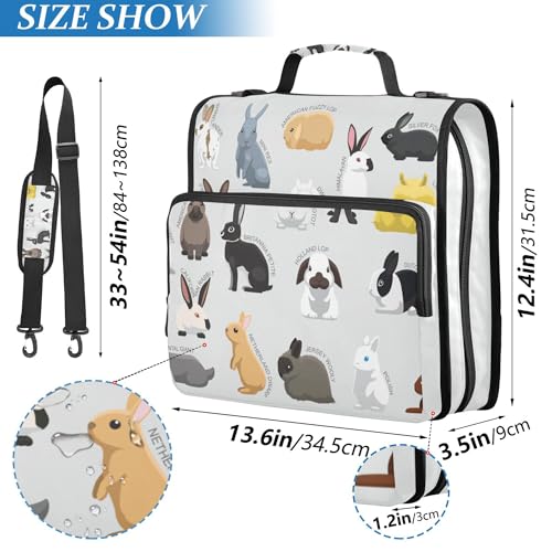 Fisyme Rabbit Bunny Zipper Binder 3 Ring with Zipper and Shoulder Strap Large Capacity Multi-Pocket Binder Organizer - color: Multi-grey