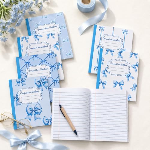 6 Packs 112 Pages Composition Notebook for Back to School 7-1/2" x 9-3/4" | Cute Blue Bow Composition Notebook College Ruled Bulk for First Day of School Offices - color: Blue
