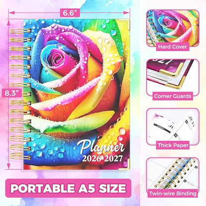 Academic Planner 2026-2027, 18 Months Weekly & Monthly Calendar Planner | July 2026 - Dec 2027, 6.6" x 8.3 A5 Size, Hardcover Daily Agenda with Tabs, Inner Pocket, Bookmark, Stickers, Sticky Note Set - color: Rainbow Rose, size: A5