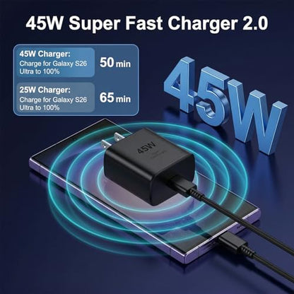 Samsung Super Fast Charger Type C 45W GaN Power USB C Charger PPS/PD Charging Block & 6.6FT Cable for Samsung Galaxy S26 Ultra/S26/S26+/S25 Ultra/S25/S25+/S24 Ultra/S24/S24+/S23 Ultra/S23/S23+