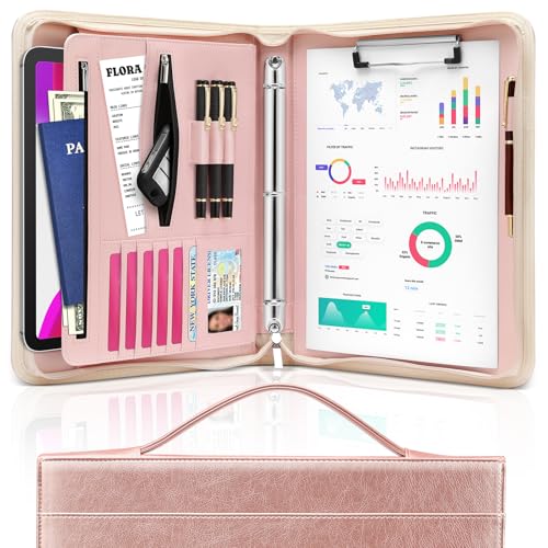 Padfolio Portfolio Organizer Binder with Zipper and Hidden Handle, PU Leather Portfolio Folder for Documents, Business Card Holder, Notepad Padfolio for Men&Women (Rose Gold) - color: Rose Gold