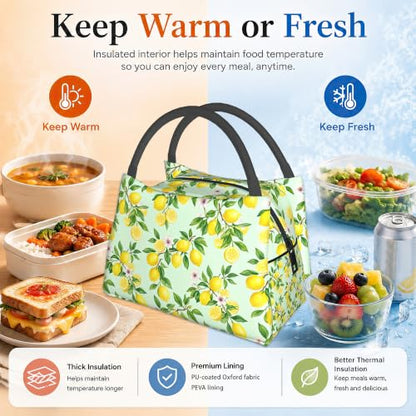 Lemon Reusable Lunch Bag,Green Leaf Insulated Small Lunch Box for Kids Adult Women,Leakproof Cooler Tote Bags for Student Teacher Work Camping Picnic School - color: Lemon