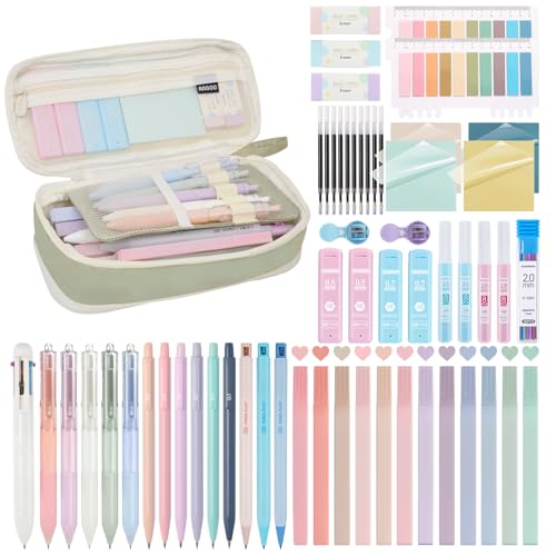 58 PCS Aesthetic School Supplies with Cute Pencil Case,12 Pastel Highlighters, 5 Gel Pens Black Ink，9 Mechanical Pencils for， Student Stationary ，CollegeEssentials Gifts (Green) - color: Green