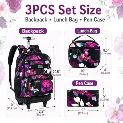 3Pcs Rolling Backpack for Girls Women, Travel Roller Backpacks with Wheels for Adults, Teens College Rose Wheeled Bookbag with Lunch Box(Black) - color: Rose Black