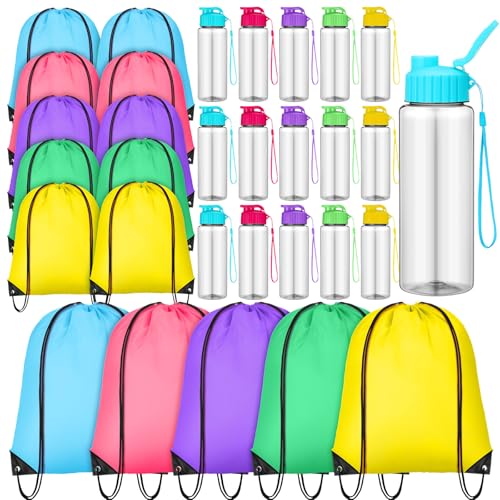 40 Pcs 17 oz Plastic Water Bottles Bulk and Drawstring Backpack Set for Back to School Gifts Reusable Flip Top Leakproof Water Bottles with Handle Adults Sports Gym Travel Outdoor(Vivid) - color: Vivid