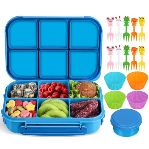 Amathley Lunch Box Kids Girls Boys,Bento Box Adult,Toddler Lunch Containers for School,Leakproof Snack Containers with 6 Compartments,Sauce Container,10 Food Picks and 4 Muffin Cups (Blue) - color: Blue