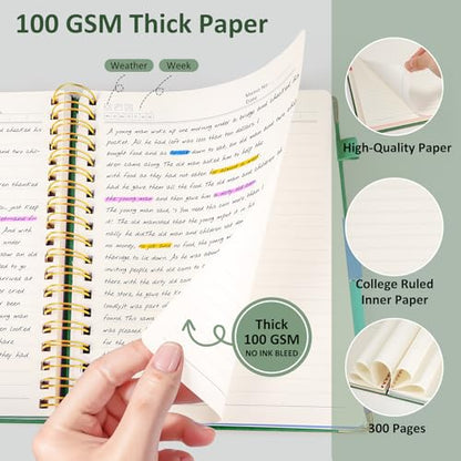 Hardcover Spiral Notebook Journal with Removable PVC Dividers - 8'' x 10'' Large 100 GSM Paper B5 Notebooks with Tabs, 300 Pages Leather 5 Subject Notebook College Ruled for Work School Notes, Green - color: Green
